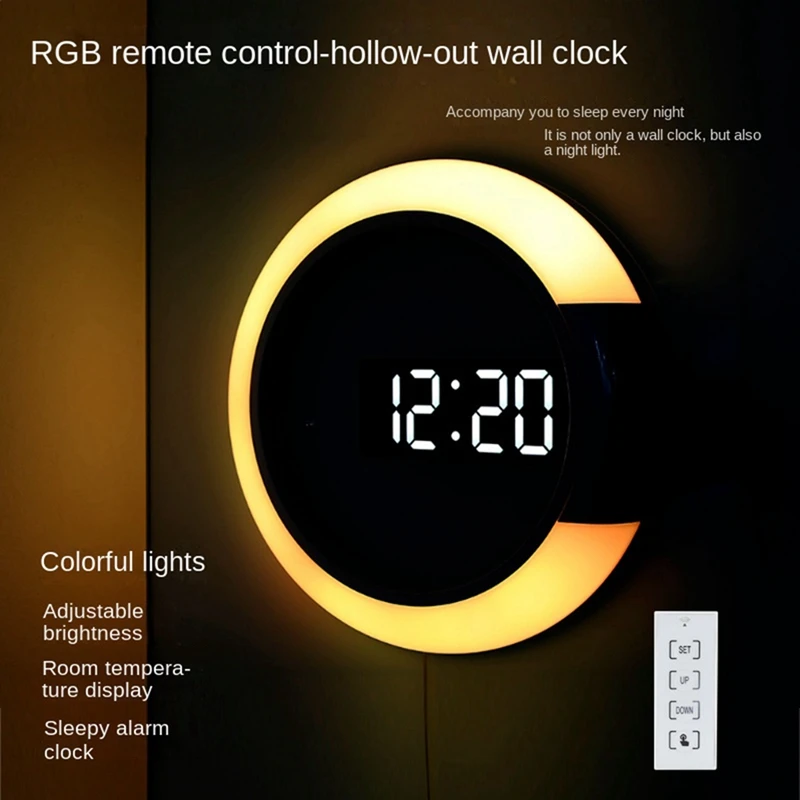 

1Set LED Digital Wall Clock Digital Display Temperature 7 Colors 3D Bedroom Living Room Decoration White