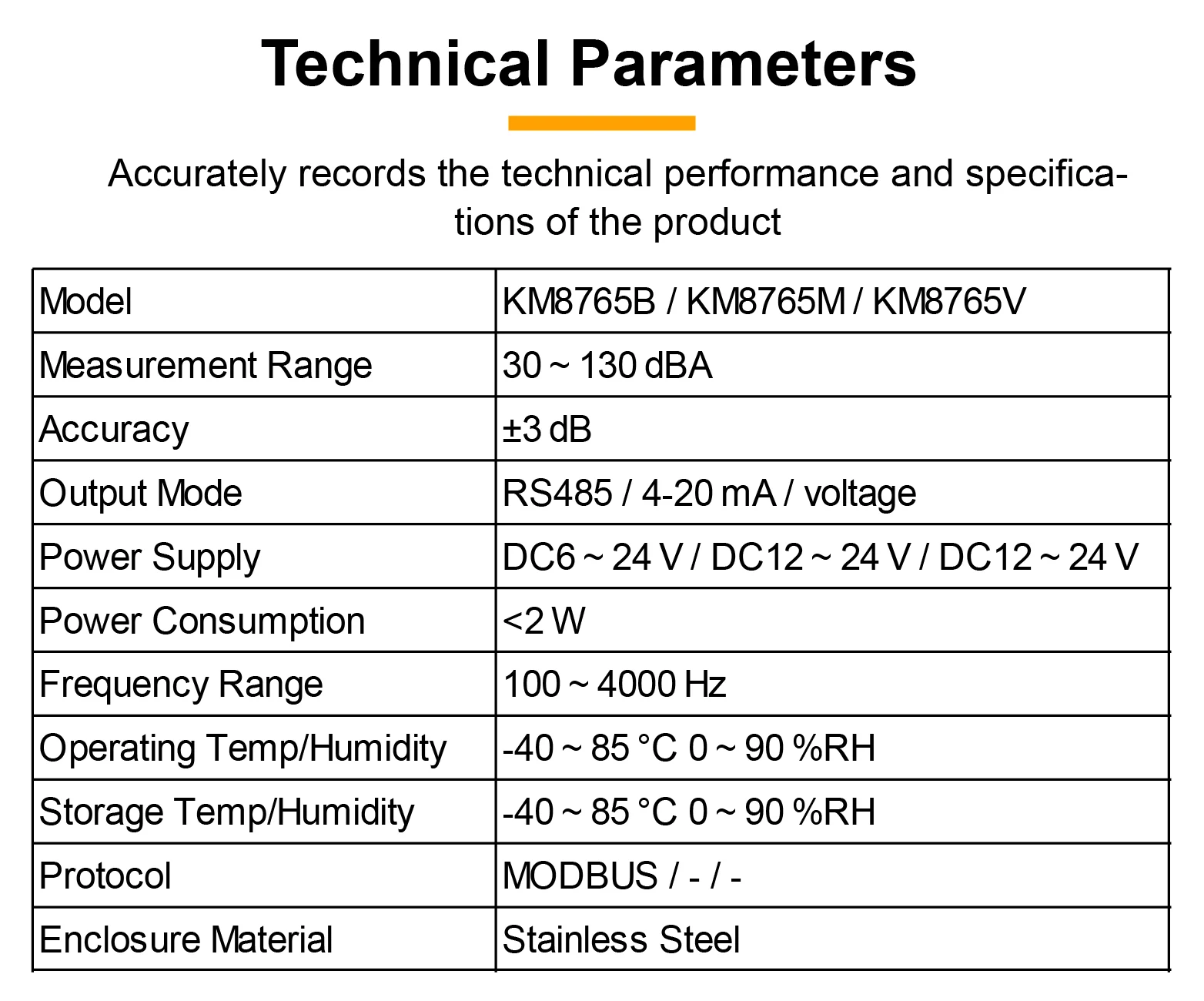 KM8765 Stainless Steel Noise Sensor Sound Level Meter Noise Monitor 30-130dBA DC