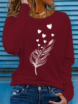 100% pure cotton women's spring and autumn loose comfortable feather pattern printed long sleeved round neck T-shirt