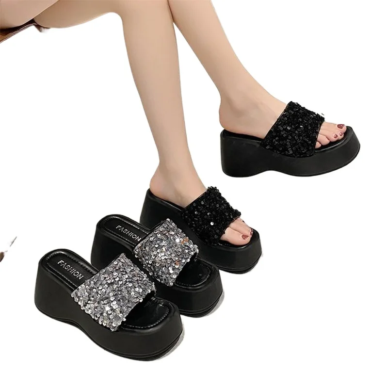 

Summer Sandals Bling Leather High Platform Trainers Breathable Casual Slippers Shoes Woman 7CM Heels Wedge Slippers zhuoya3235