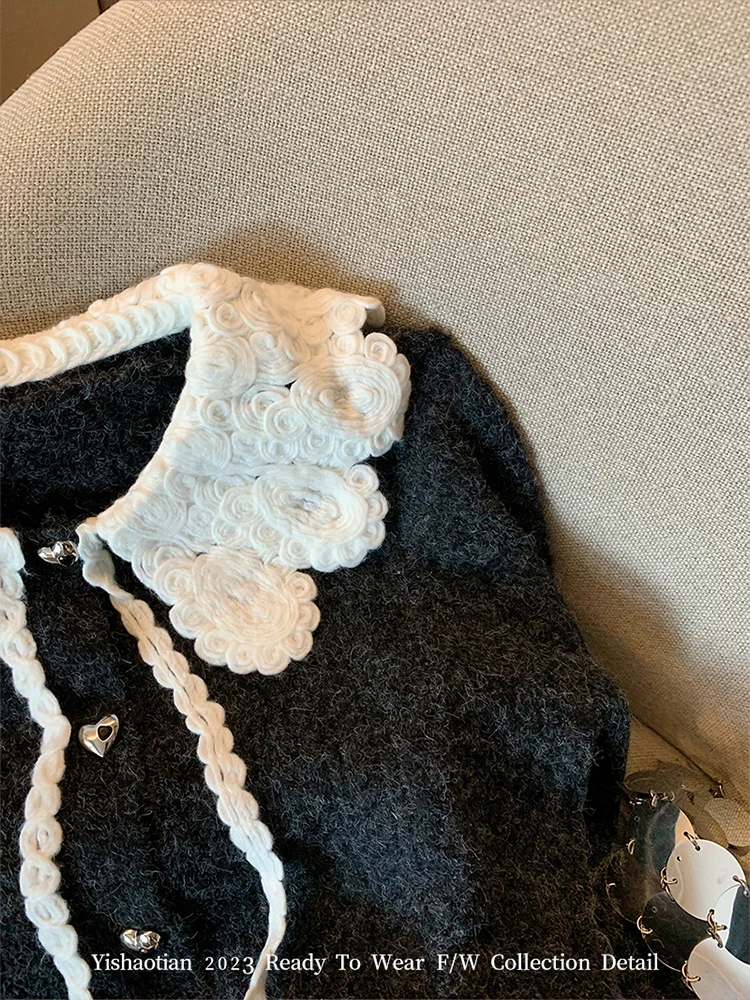 프랑스어 피터팬 칼라 럭셔리 가디건 레이스 업 슬림 세련된 여성의 새로운 니트웨어 2023 가을 겨울 streetwear 일본 패션