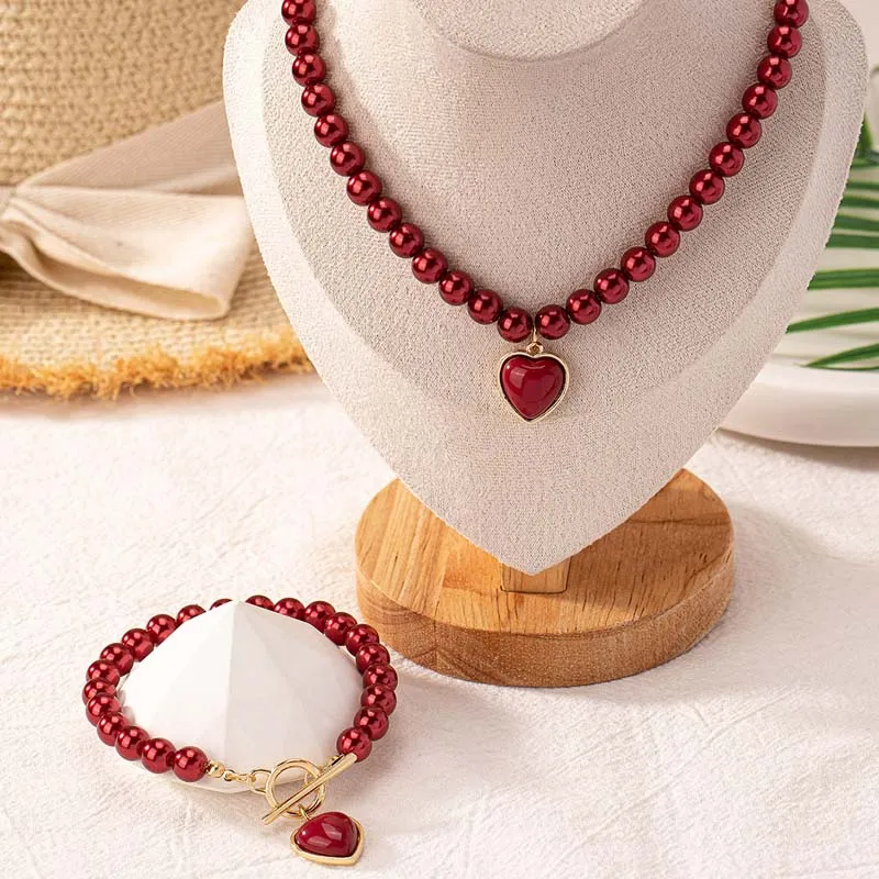 【NIROSERENDIPITY】RED HEART BEADS PERAL NECKLACE▲ILLIT着用 BEADS NECLACE