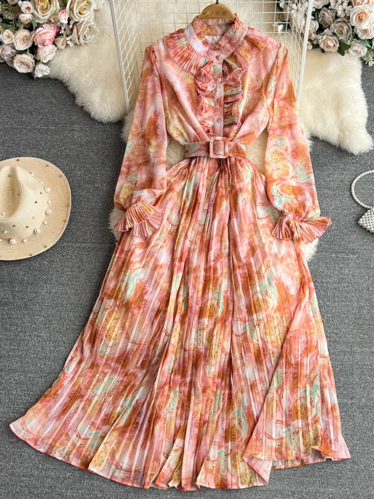 

Spring Women Elegant Casual Floral Long Dress Vintage Pleated A-Line Beach Holiday Vestidos with Belted Female Chic Mujers New