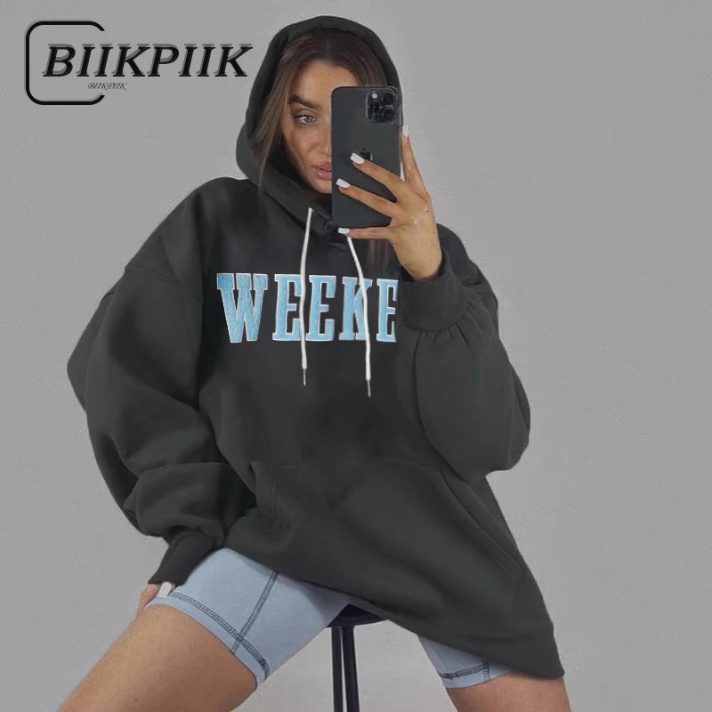 

BIIKPIIK Letter Loose Casual Hoodies Shirts Baggy Soprty Style Pullover Long Sleeve Grey Sweatshirts Autumn Fashion Hot Clothes