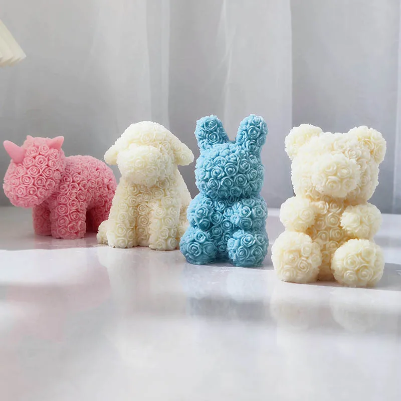 Valentine's Day Series Rose Bear Candle Silicone Mold DIY Rabbit Aromatherapy Candle Soap Resin Plaster Making Mould Decor Gifts