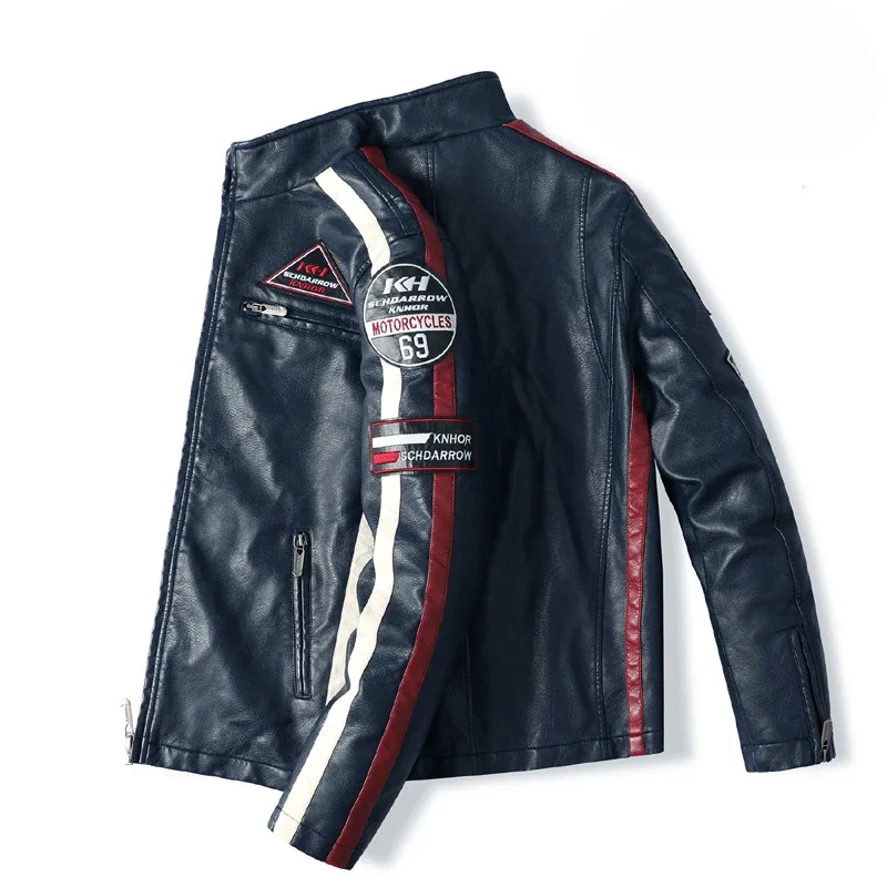 Men's Motorcycle Racing Suit Leather Plus Fleece Thin Color Jacket Winter Jacket