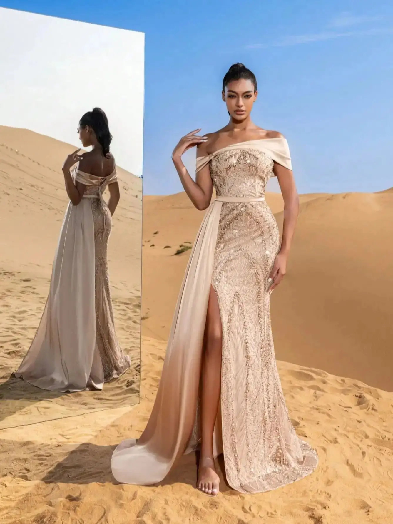 فساتين سهرة أنيقة مطرزة بدون أكتاف مع ثنيات جانبية...