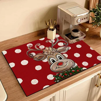 Christmas Print Waterproof & Absorbent Dish Drying Mat Decor Multi-Functional Kitchen Counter Dining Table Coffee Machine Pad 1
