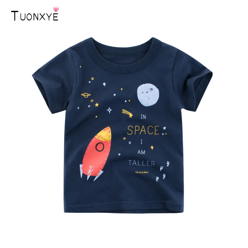 

Детская Хлопковая футболка TUONXYE, повседневная трикотажная футболка с коротким рукавом, с принтом в виде динозавра, космоса, ракеты, на возраст 2-9 лет, на лето
