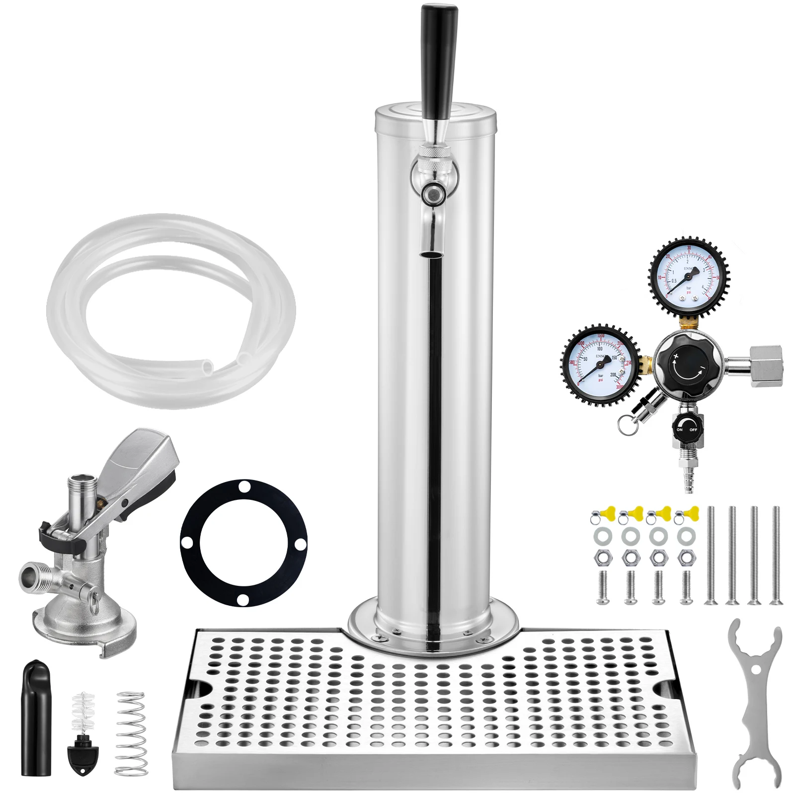 SucceBuy Kegerator Tower Kit Single Tap Beer Conversion Kit Stainless Steel Keg Beer Tower Dispenser Drip Tray for Party