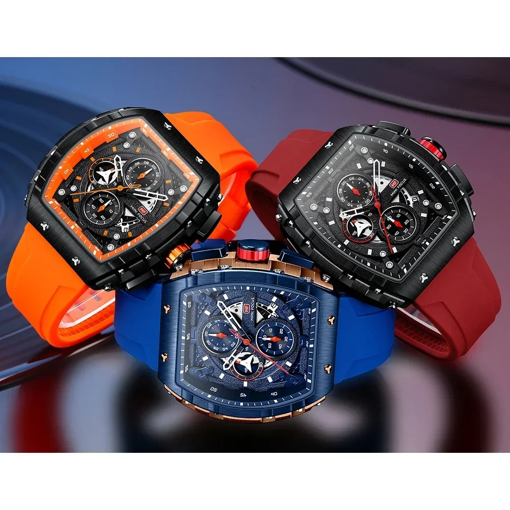 MINI FOCUS Student Tonneau Dial Military Silicone Strap Youth Sport Clock Quartz Watches for Men's Chronograph Wristwatch 0399G 5