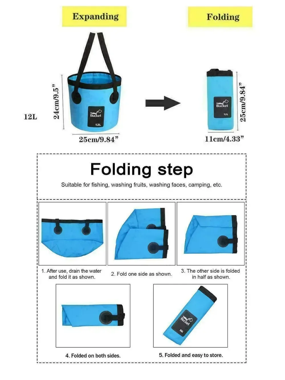 12L/20L Fishing Bucket Folding Waterproof Convenient Fishing Box Travel Collapsible Foot Soaking Bucket Camping Container Bag