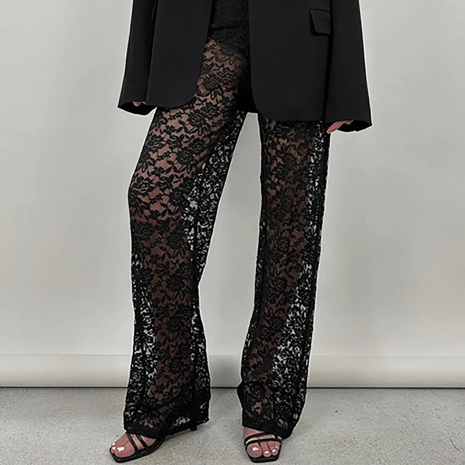 TAVIMART  -  autumn and winter fashion sexy lace see-through trousers new style spliced ruffled versatile straight pants