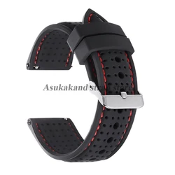 Premium Silicone Breathable Quick Release Rubber Watch Band Strap - 22mm (Black Red - Silver)