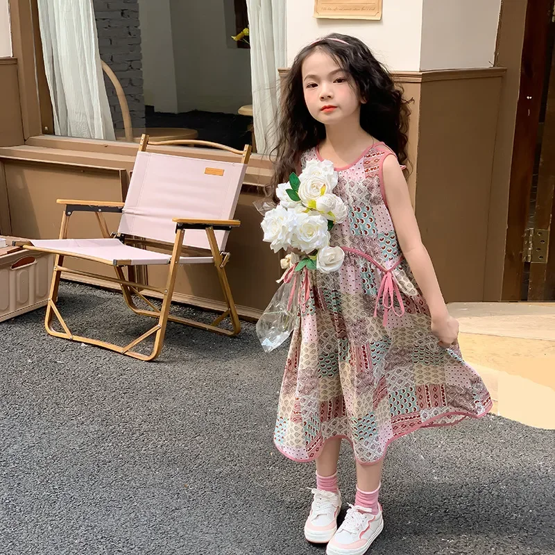 

2023 New Teens Girl Summer Dresses Sleeveless Clothes Print Dress Princess Party Suspender Children Holiday Clothes
