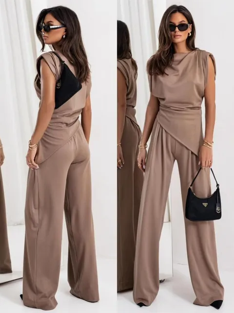 Summer Fashion Solid Two Piece Sets Women Elegant Slim Office Suit Casual Irregular Top And Wide Leg Pants 2 Piece Set Female 2 Summer Fashion Solid Two Piece Sets Women Elegant Slim Office Suit Casual Irregular Top And Wide Leg Pants 2 Piece Set Female 2