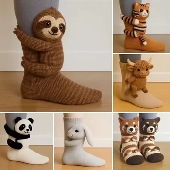 Calcetines de animales de punto 3D lindo Koala Panda gato perezoso abrazo calcetín hecho a mano de ganchillo cálido y acogedor calcetines divertidos medias novedosas para mujeres 1