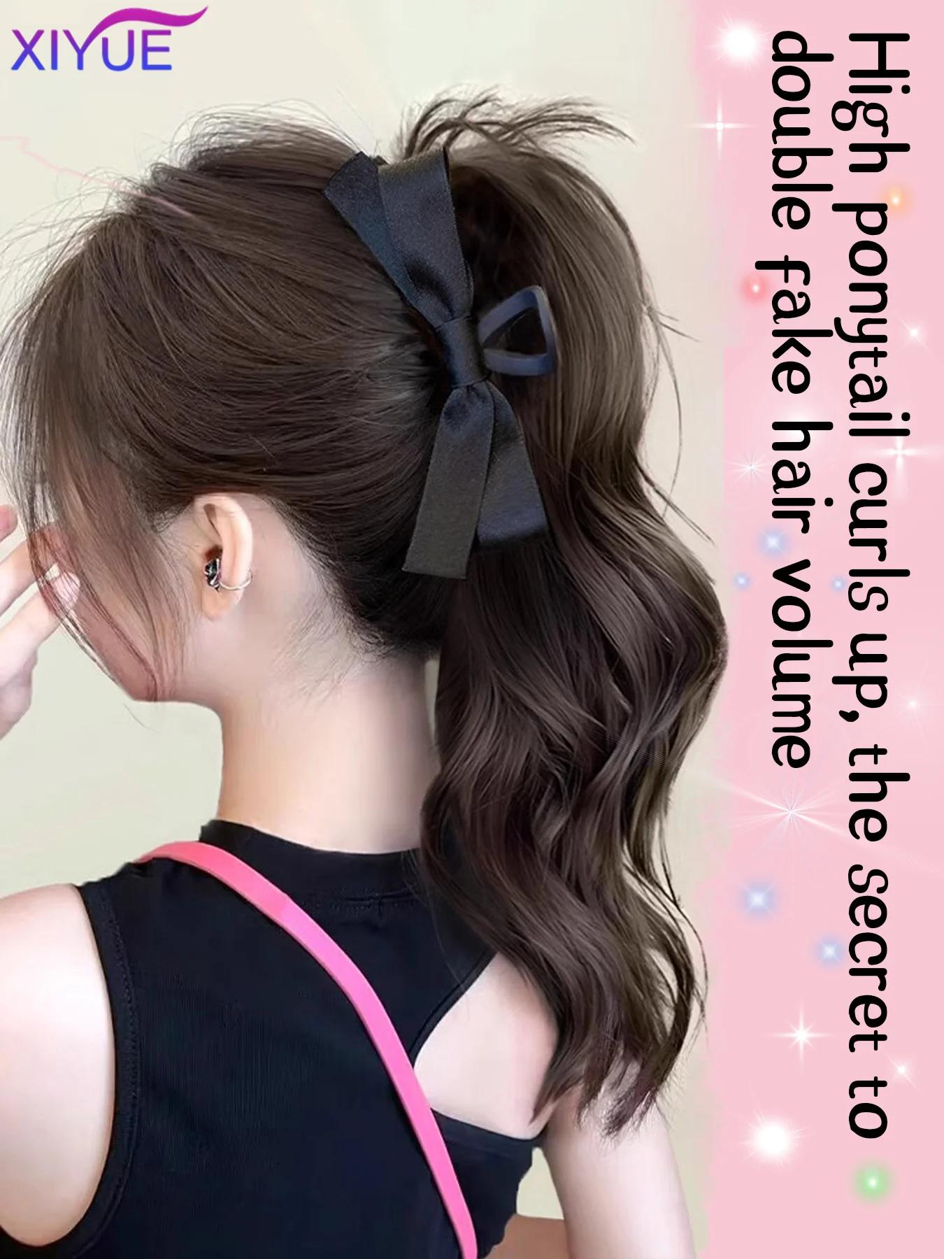 XIYUESynthetic Bow Hair Clip Ponytail Wig Long Natural Curly Hair High Temperature Silk Heat Resistant Pony Tail Hair piece For