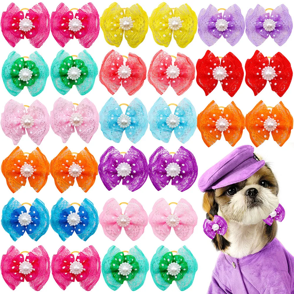100pcs Dog Hair Bows with Diomand Lace Rubber Band Grooming for Small