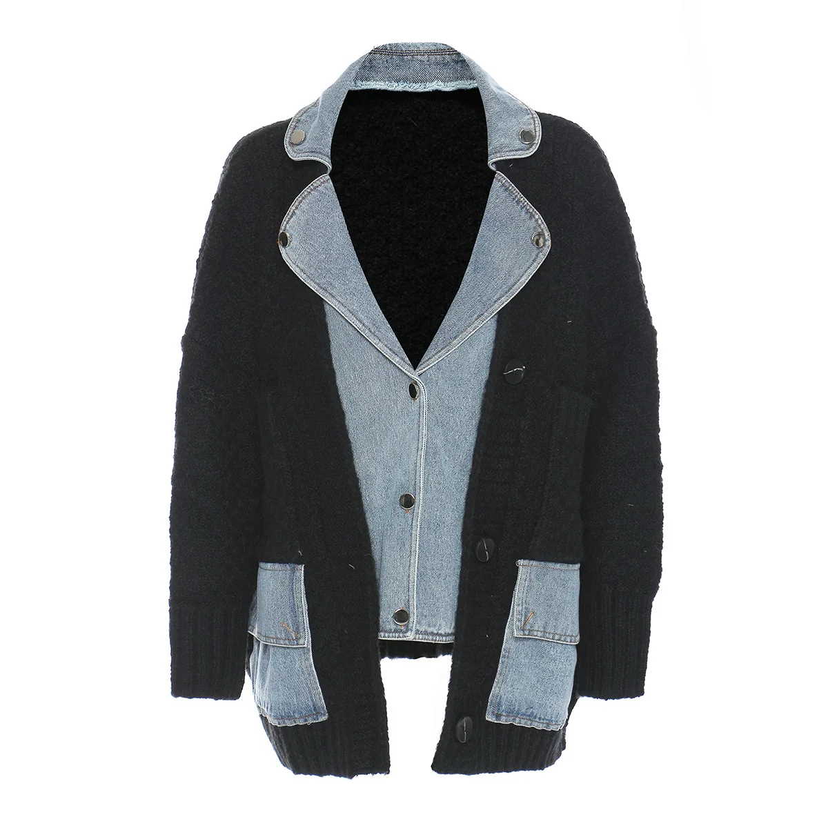 Women Jacket Denim Sweater Thickened Coat Loose Sweater Spliced Fake Two Piece Cardigan