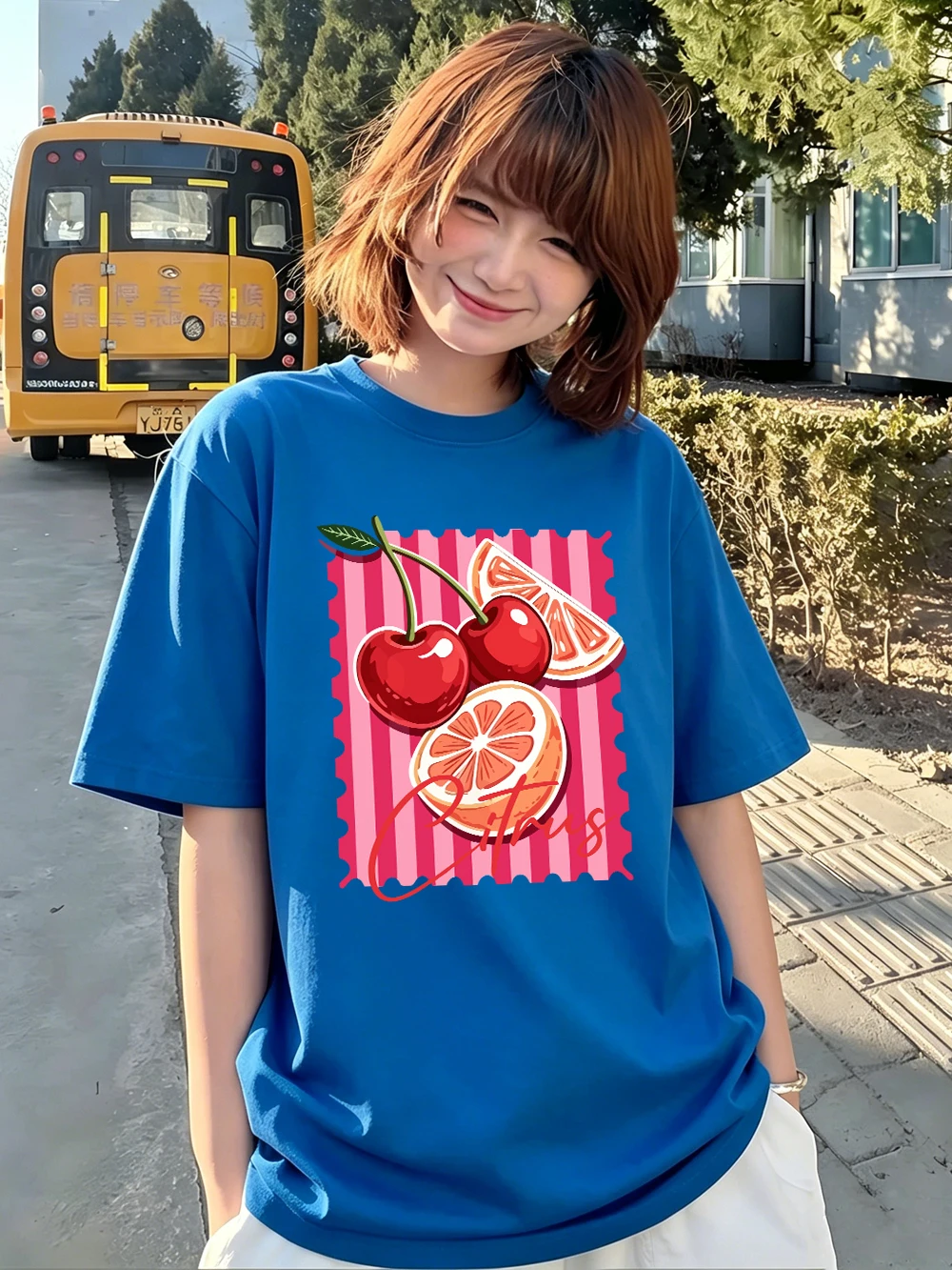 Red Cherry Citrus Print Oversized Cotton Women's Summer Top - Casual Soft O-Neck Short Sleeve T-Shirt