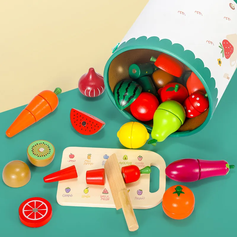Wooden Cutting Fruit Vegetables Set for Kids - Pretend Play Food Toy Set  with Wooden Knife and Tray Learning Toys for Toddlers (Fruit-E)
