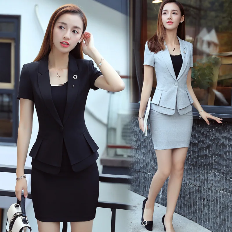 

936 Summer New Business Suit Women's Slim Ol Short Sleeve Suit Lotus Leaf Swing One Button White Collar Interview Formal Wear