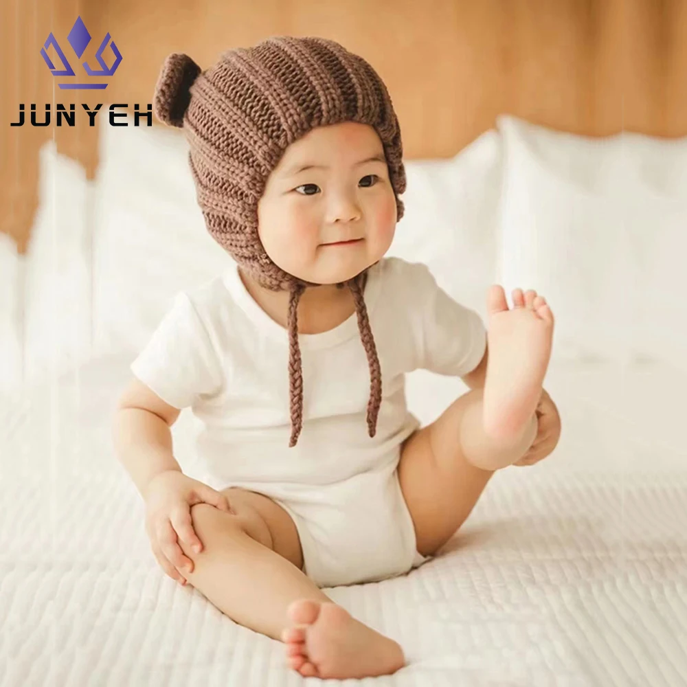 

Knitted Beanie Hat For Kids Children's Warm Woolen Earmuffs Hats Baby Boys Girls Autumn Winter Baby Lace-up Handmade Caps