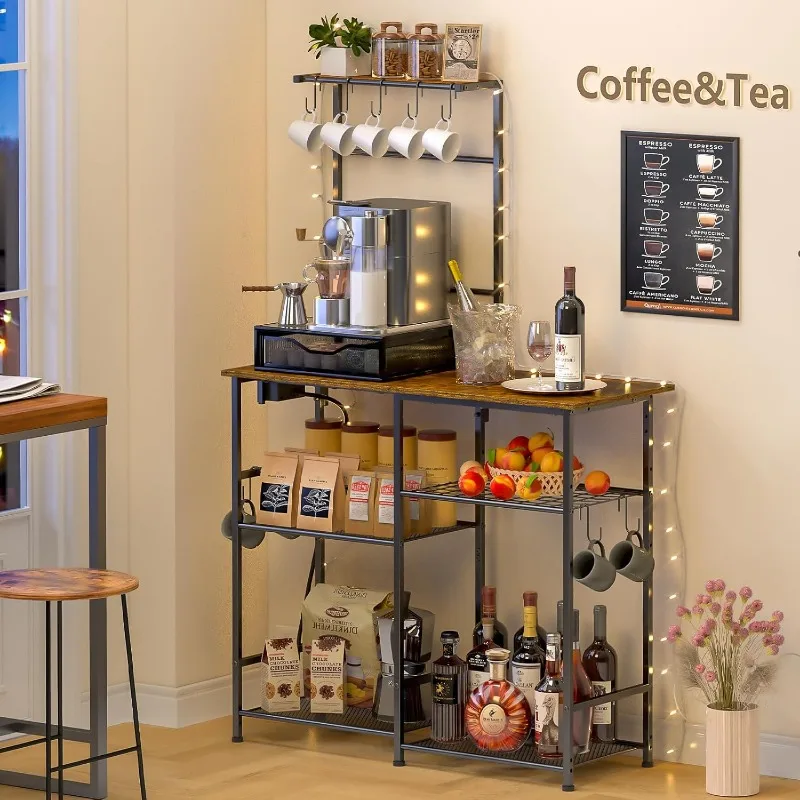 Bakers Rack with Power Outlet, Kitchen Microwave Stand with 10 S-Shaped Hooks, 6-Tier Coffee Bar Station 6