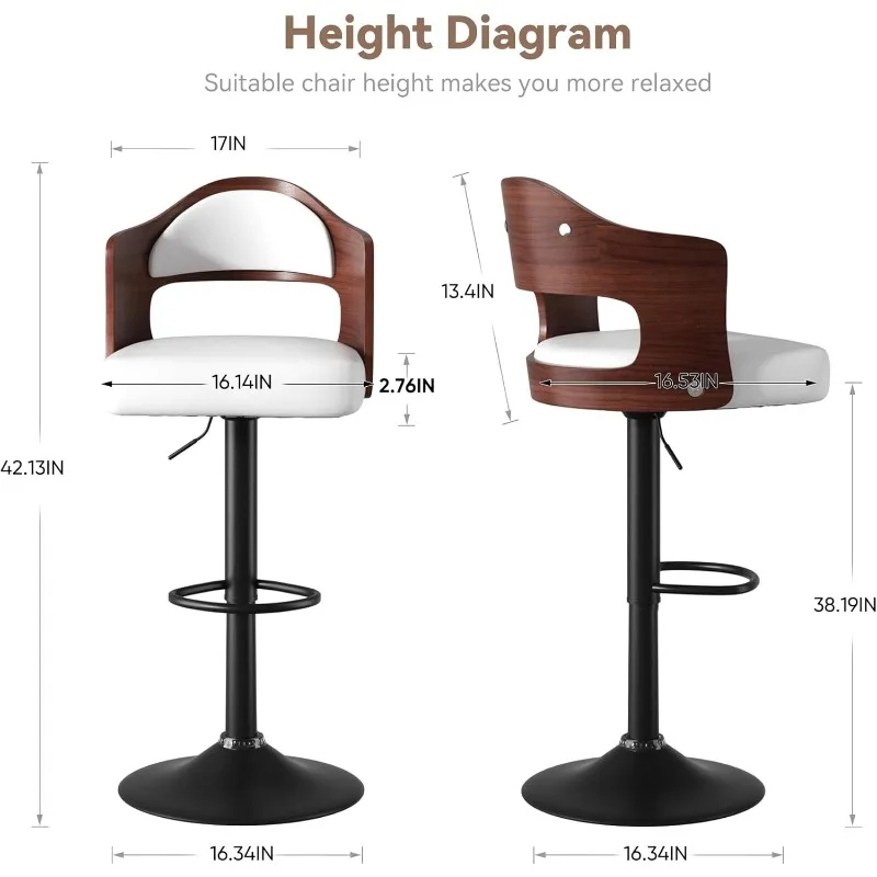 Swivel Bar Stools Set of 2 Seat Adjustable Height 24.5-33.5IN, Wooden Barstools PU Leather Upholstered Bar Chairs 2