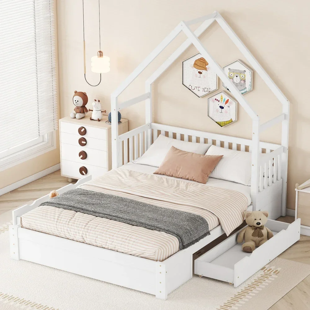 Children Beds Wood Queen Size House Platform Bed Guardrail and 2 Drawers,White Wooden Bed Bunk Beds for Kids Children Furniture 4