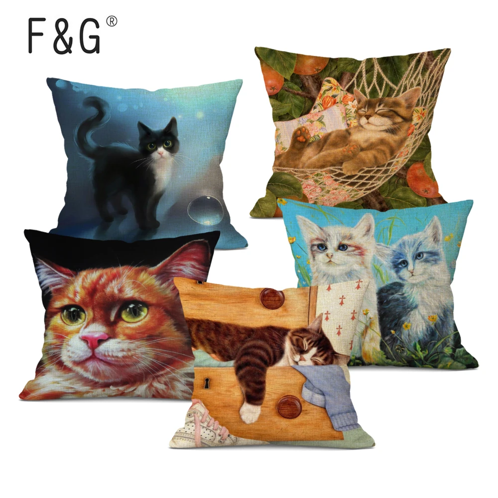 

Cute Cat Decorative Cushion Cover 45x45CM Linen Square Throw Pillow Cover Animal Pillowcace for Car Home Sofa Decor
