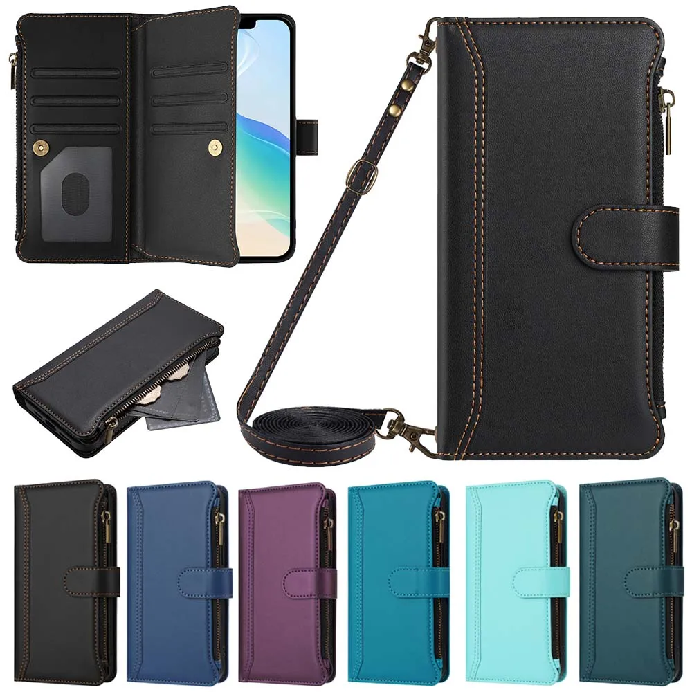 Zipper Wallet Flip Case with Multi-Card Slots and Lanyard