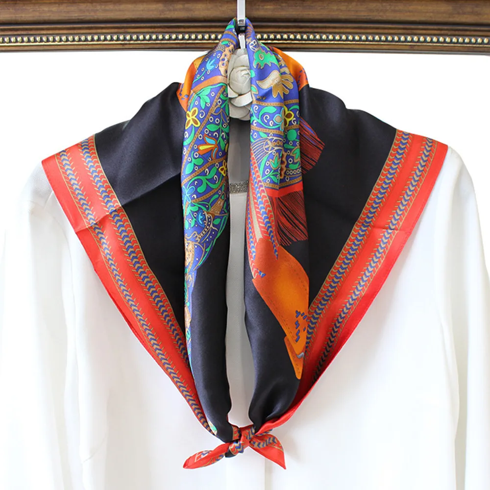

High-end Elegant Women's Exquisite Personality Vintage Saddle Printing High Quality Satin Silk Square Ring Scarf
