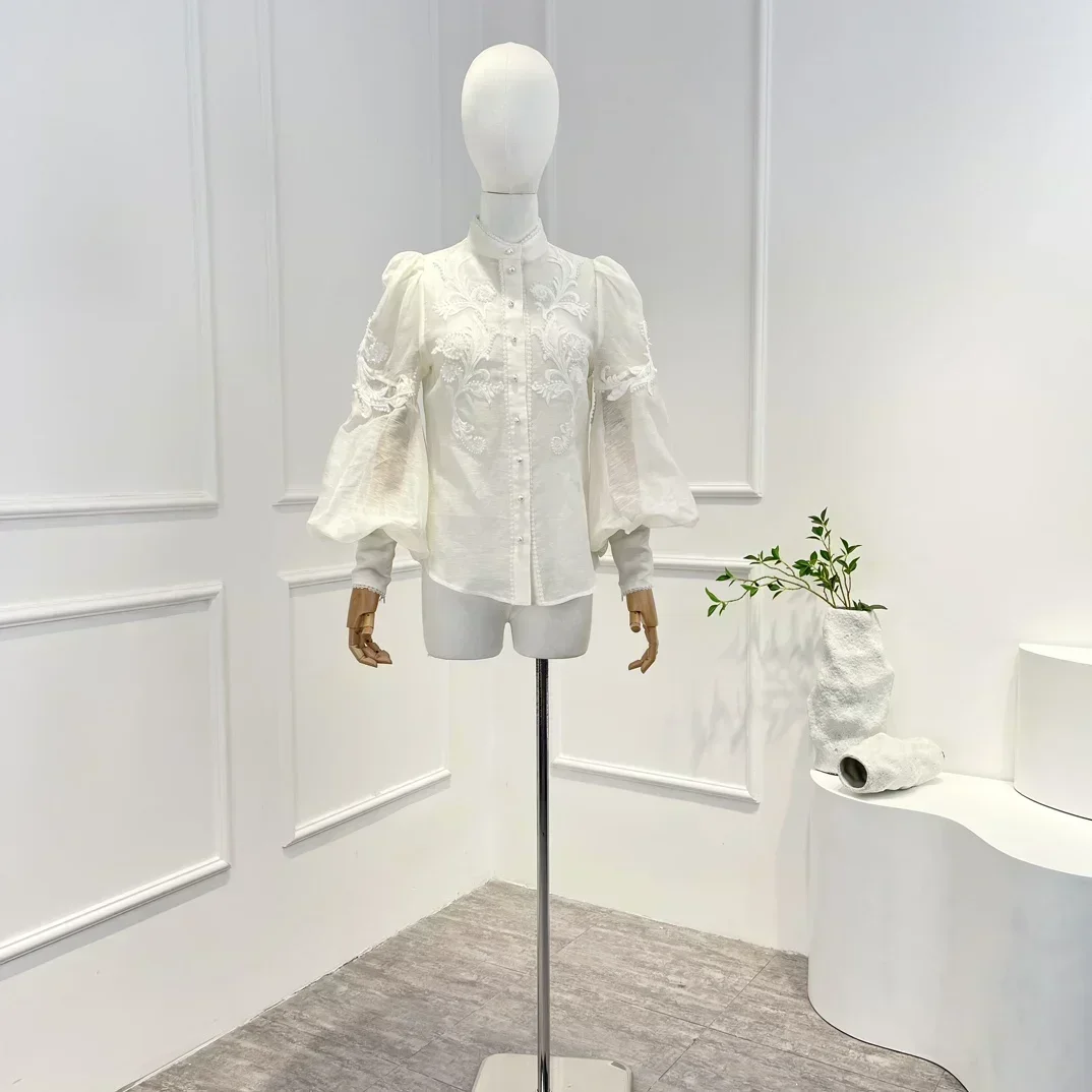 

Женская винтажная блузка из натуральной ткани, элегантная белая блузка с длинными рукавами-фонариками и аппликацией, Новинка лета 2023