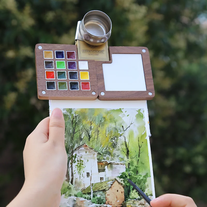 Schminke College Watercolor Paint, 0.5ML, Portable 15-Color, Walnut Watercolor Paint Box, Travel Painting Art Supplies, watercolor painting set watercolor paint watercolor pigment