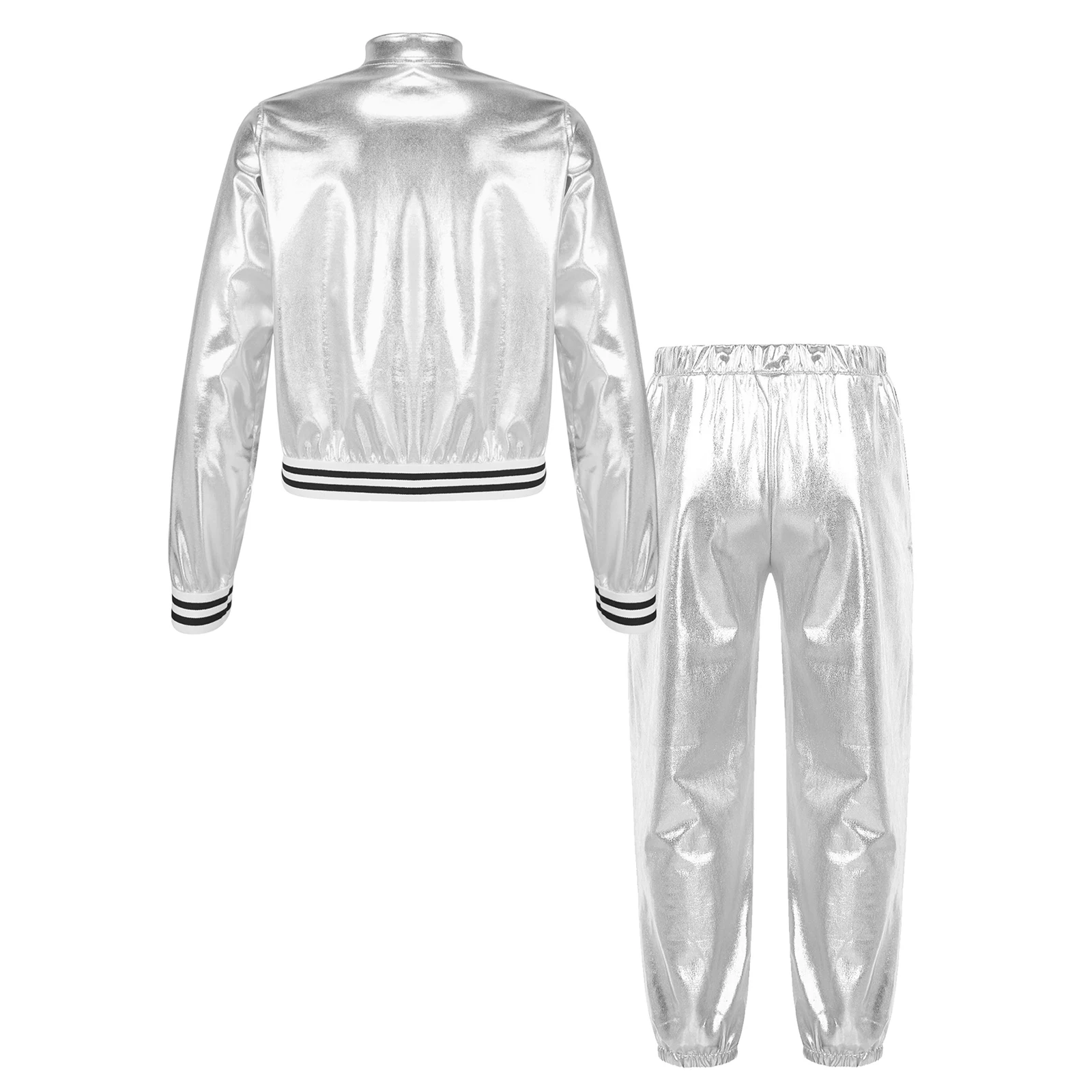 Kids Girls Jazz Hip-hop Dance Costume Sports Street Dancing Performance Outfits Shiny Metallic Jacket Bomber Coat with Pants