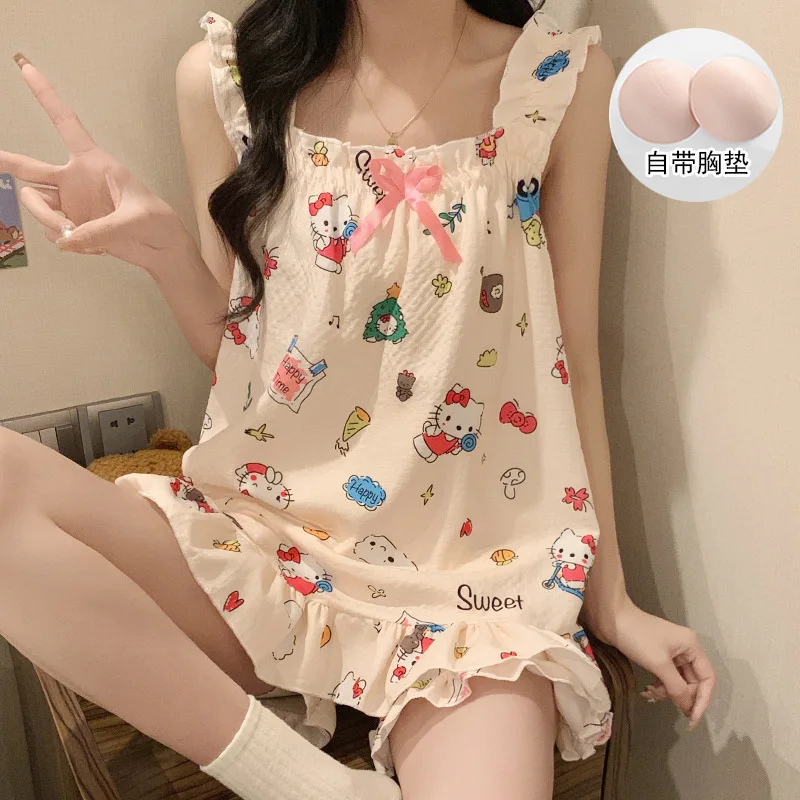 

Cute Hello Kitty Pajama Women Sanrioed Kawaii Anime My Melody Cinnamoroll Short Sleeve with Chest Pad Summer Sweet Clothes Gifts