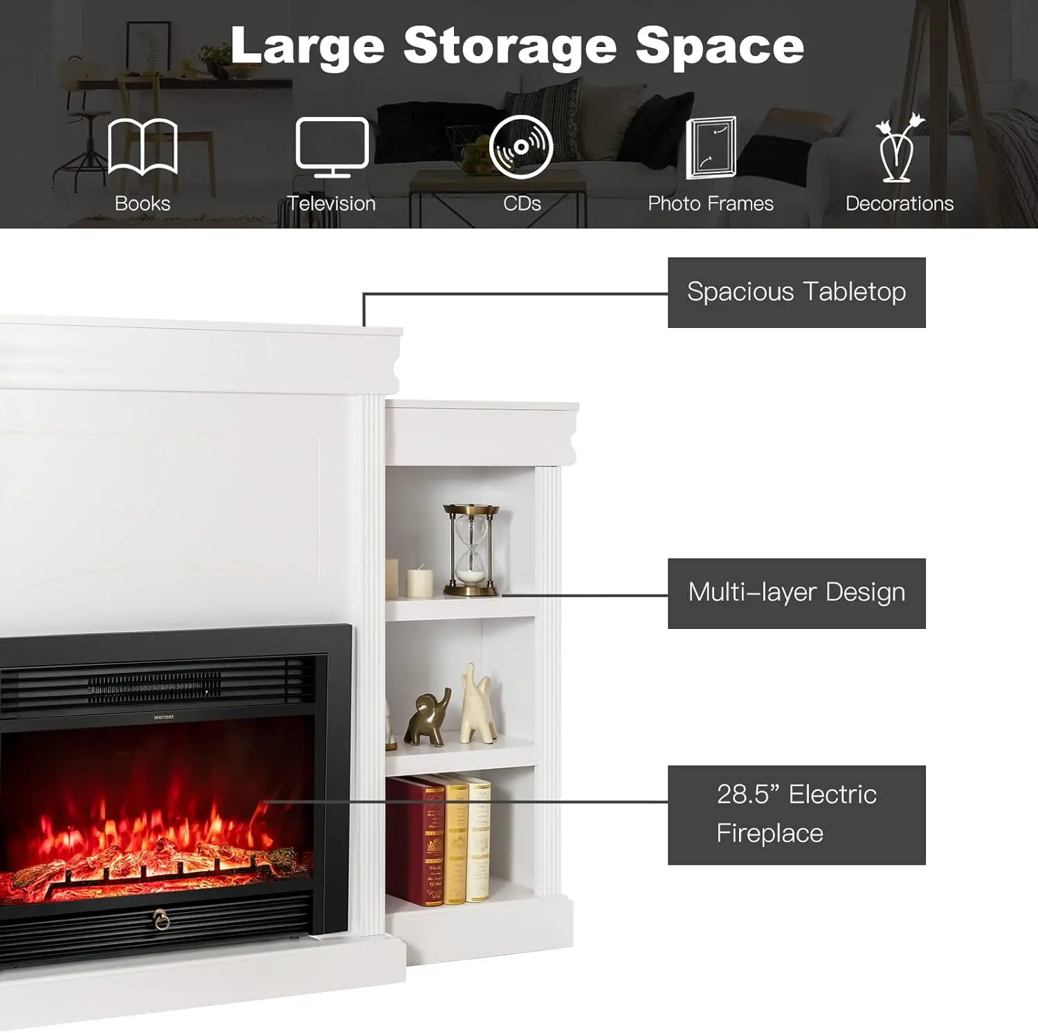 70 Inches Mantel Fireplace, 750W/1500W Electric Fireplace w/Mantel & Built-in Bookshelves,1-8H Timer 5