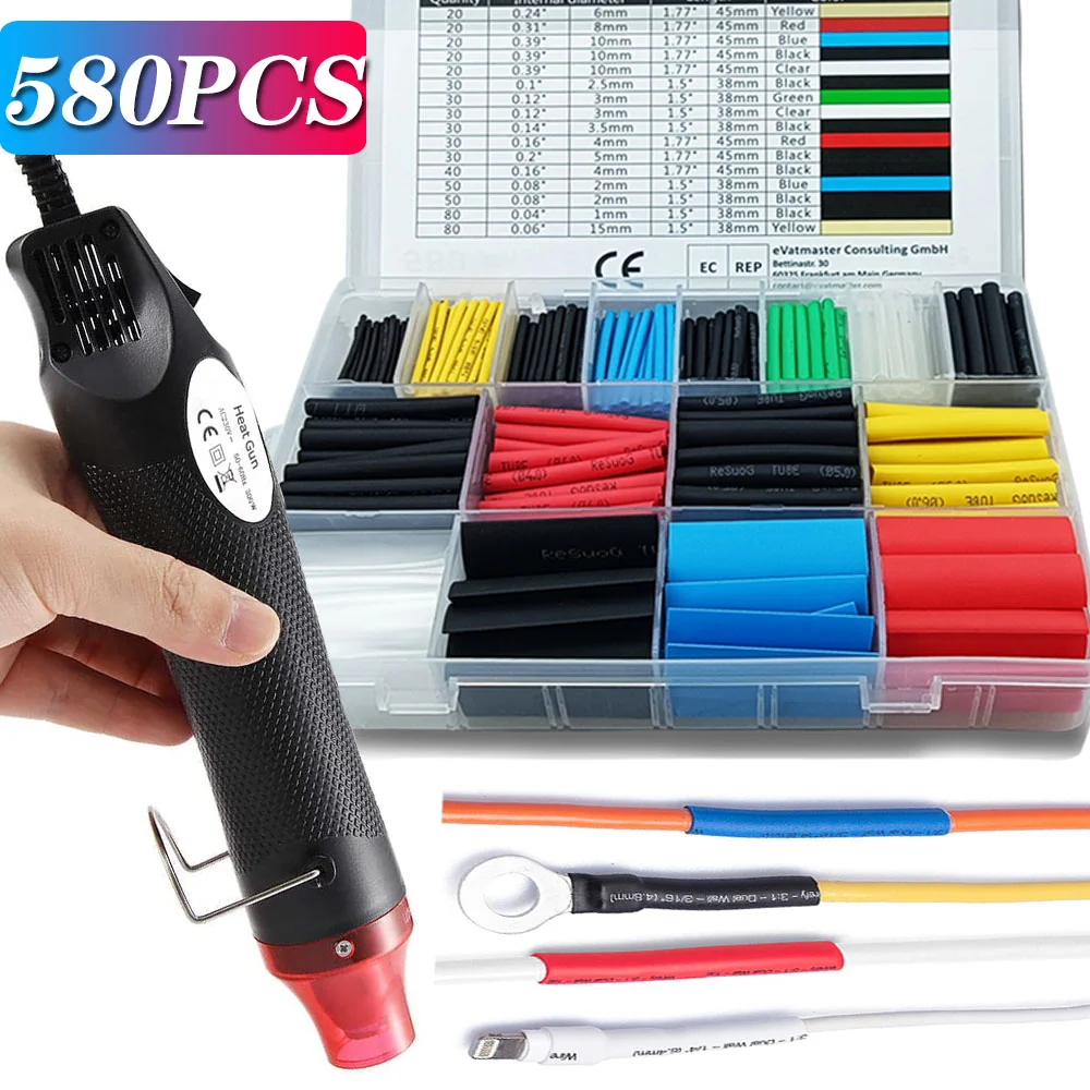 Heat Shrink Tubing Kit 328/127/580PCS 2:1 Shrinkable Wire Wrap with Hot Air Gun Heat Gun Mini Hot Air Gun