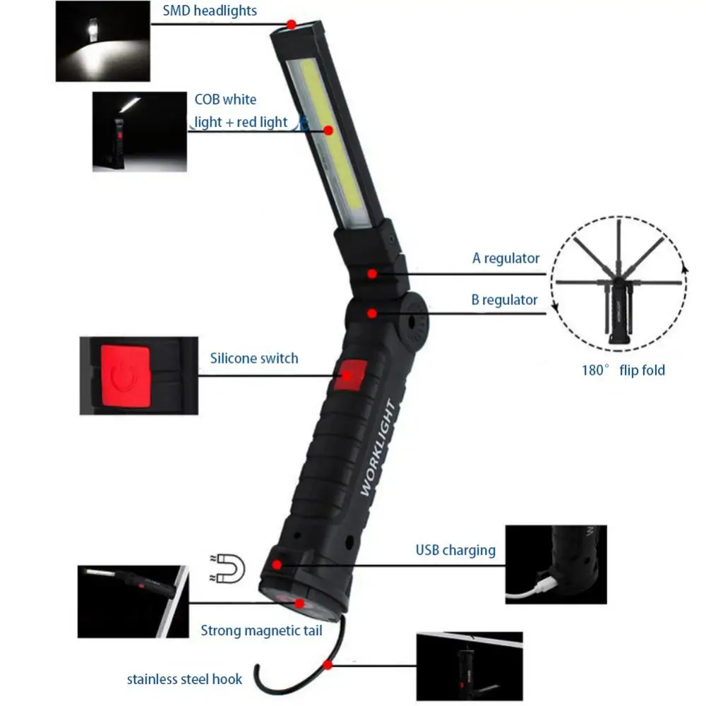 Description Picture 4 of itemPortable LED COB Flashlight USB Rechargeable Work Light Folding Magnet Lanterna Hanging Lamp Car Repair Lamp Camping