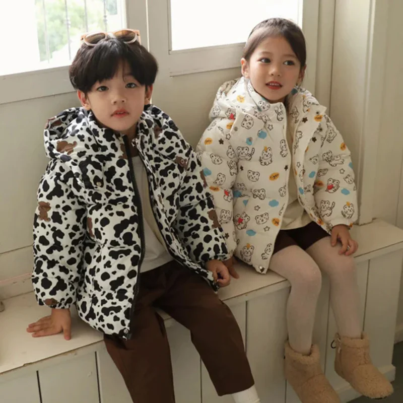 

Winter Baby Boys Girls Cotton-padded Cartoon Down Coat 2-6Y Kids Plush Warm Jacket Thicken Children Hooded Zipper Top Outerwear