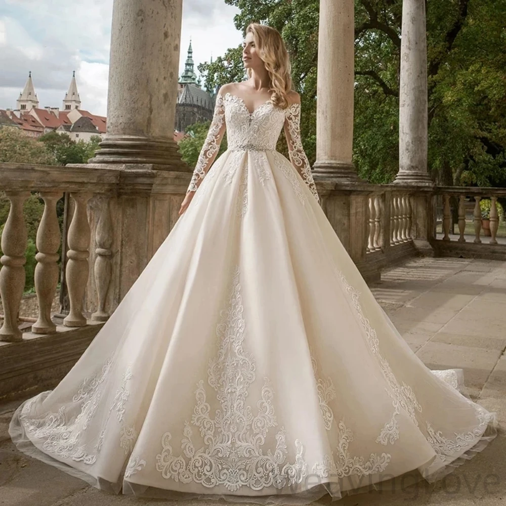 

Luxury Lace Wedding Dress 2023 Gorgeous O-Neck Long-Sleeved Lace Applique A-Line Floor Length Bride Gow Dresses For Women 2023