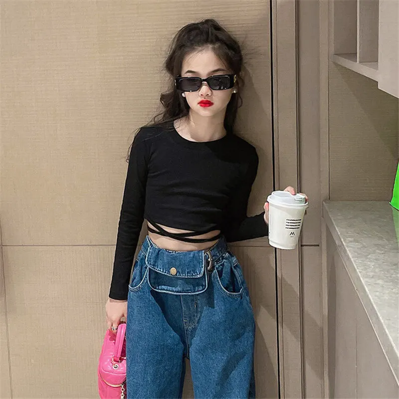 Spring Autumn Girls T Shirt Top with Straps Cross Teenage Tee Shirt Toddler Children Clothes Fashion Kids Crop Top 5-14Years Old 2