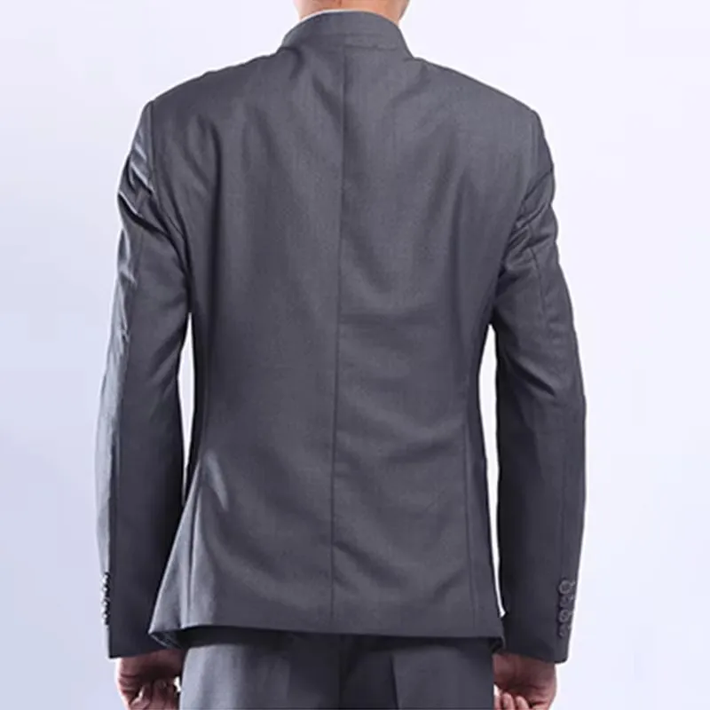 Chinese Style Men Gray Tunic Suit Jacket Stand Collar Single Breasted Business Casual Male Blazers