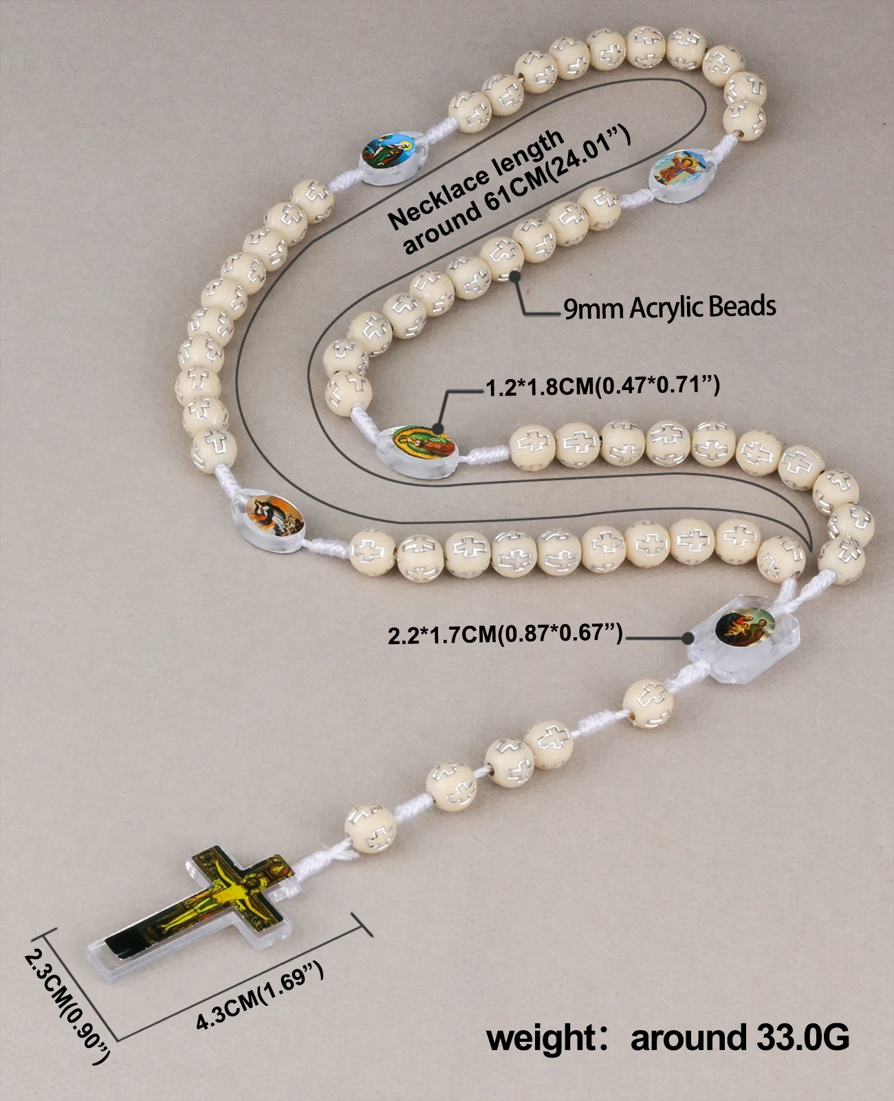Diyalo religiöses Acryl weiß lose Perlen Rosenkranz Gebets kette mit Seil kette katholische Charms Taufe Andachts geschenke – Detail 4