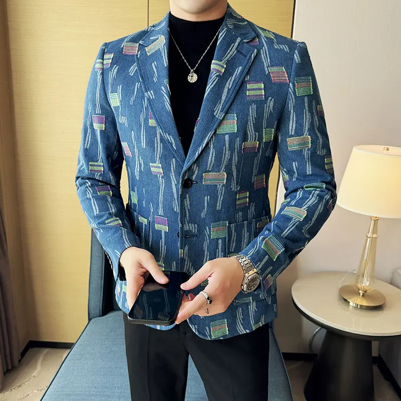 Autumn Men's Suit Jacket Blazer Fashionable High-end Luxury Jacquard Denim Casual Suit Business Social Tailcoat 4XL-M