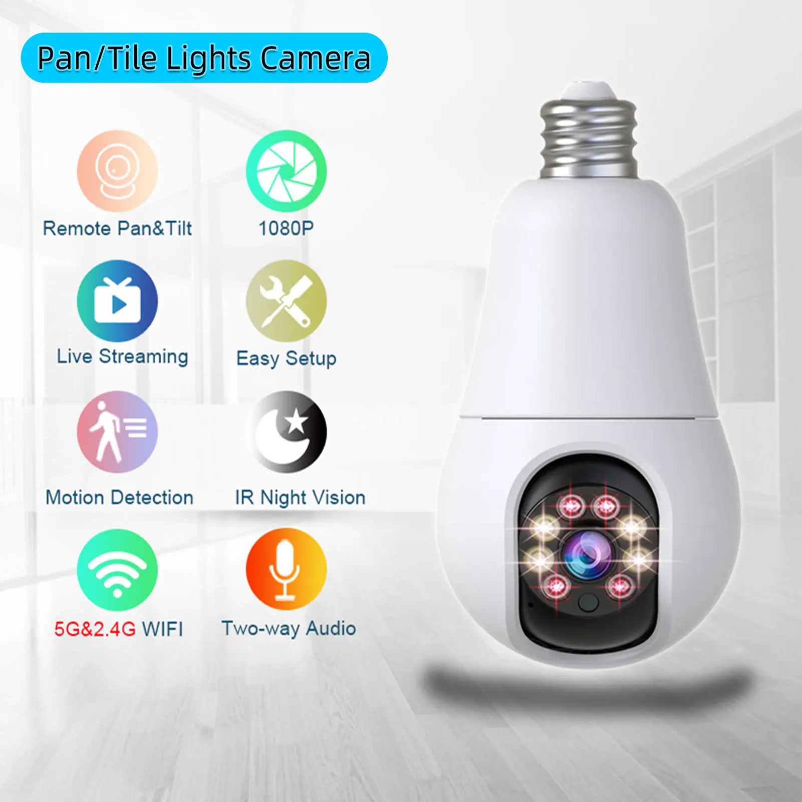 Light Bulb Monitor E27 Socket 1080P IR Night Light Bulb Security Camera Clear Video and Recording for Indoor Monitoring