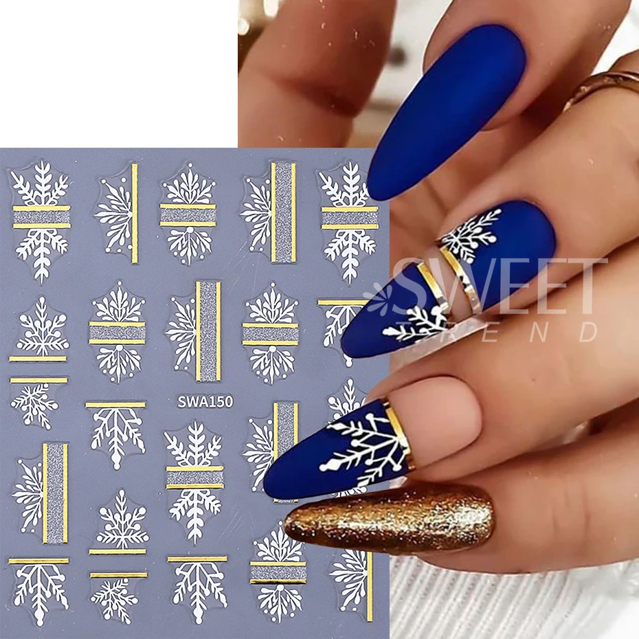 2pcs Christmas Snowflake Nail Art Stickers 3D Gold Line Lace Snowflake French Design Nail Slider Decals DIY Manicure Decoration
