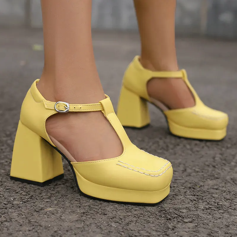 

2024 Spring Women High Heel Shoes Platform Thick High Heel Ladies Pumps PU Leather Square Toe Buckle Fashion Dress Women Shoes